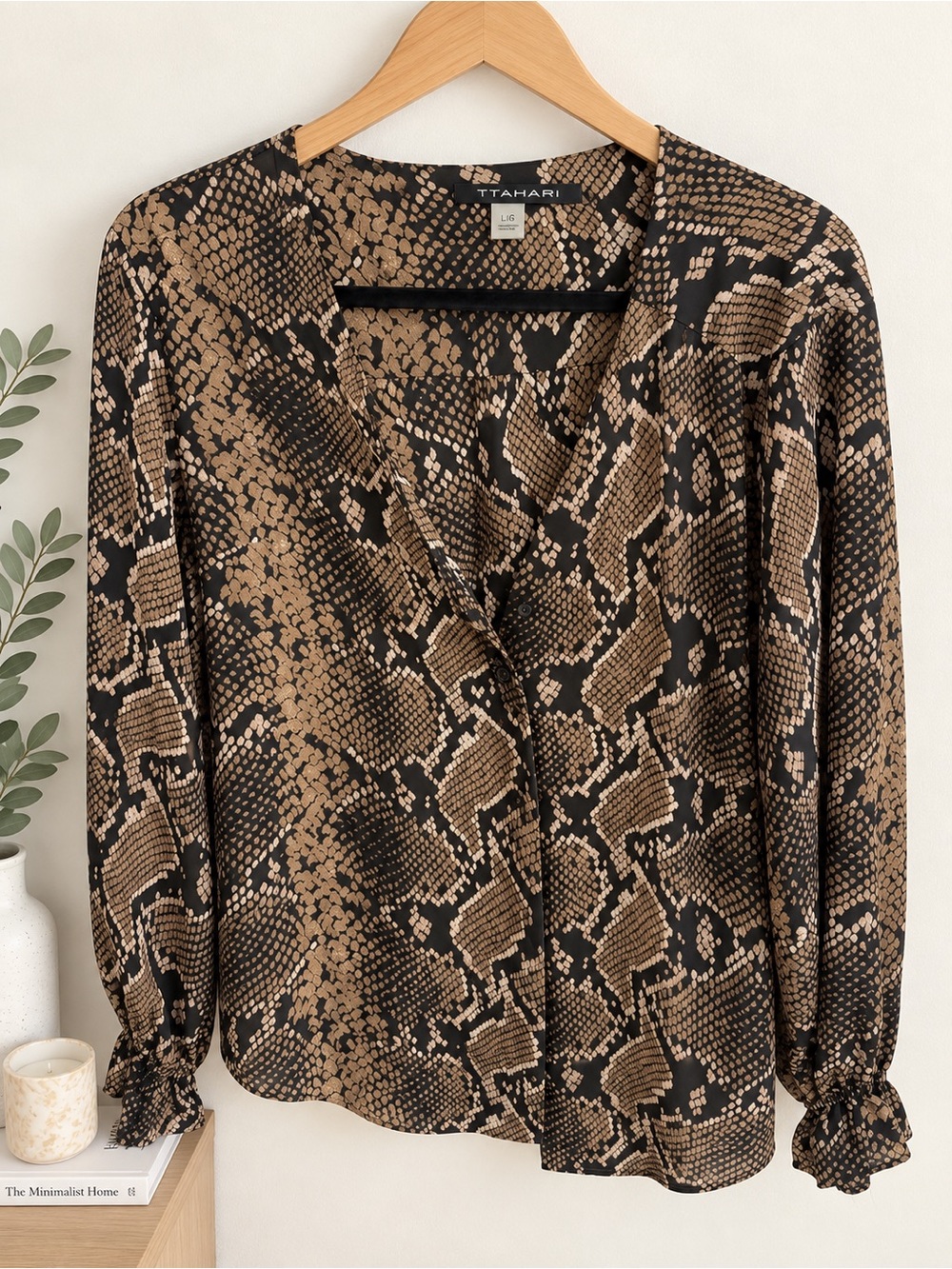 Tahari Black and Brown Snake-Print V-Neck Blouse